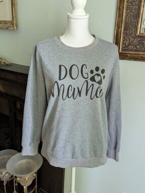 Dog Mama Sweatshirt Paw Print Women's Medium Gray Crew Neck Mom
